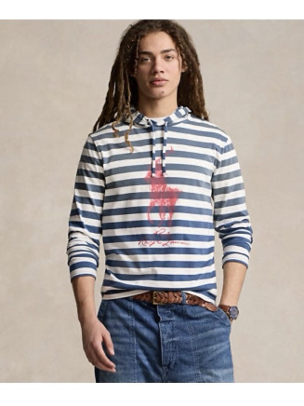 polo ralph lauren Striped Big Pony Hooded Tshirt Preppy Streetwear S
